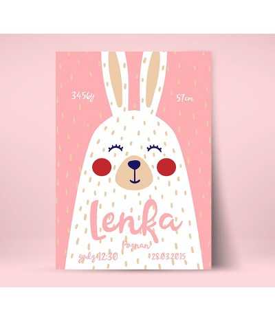 metryczka dla dziecka z okazji narodzin w prostym stylu skandynawskim z białym misiem