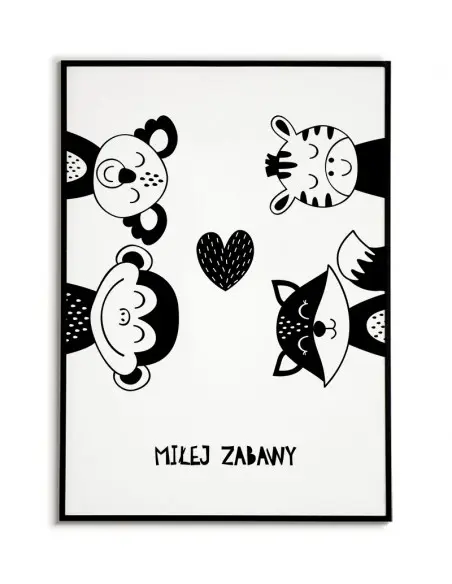 Plakat dla dziecka zwierzątka z napisem Miłej Zabawy. Plakat do pokoju dziecka w stylu skandynawskim ze zwierzątkami.