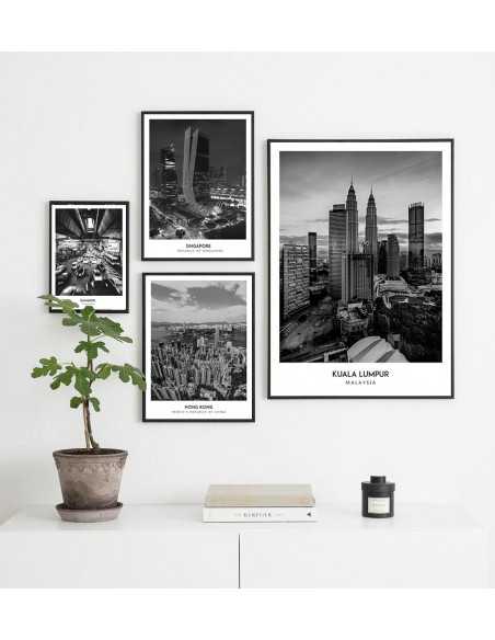 Poster with the city of Kuala Lumpur in Malaysia, Artwork for wall painting. black and white photo on the wall