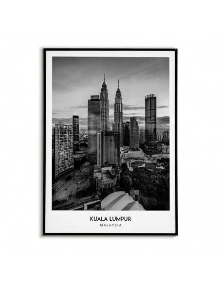 Plakat z miastem Kuala Lumpur w Malezji, Grafika na ścianę obraz. czarno biała fotografia na ścianę