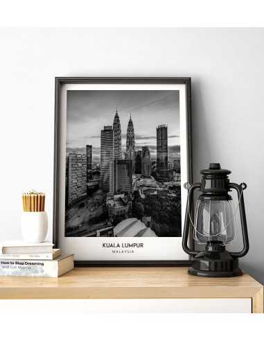 Poster with the city of Kuala Lumpur in Malaysia, Artwork for wall painting. black and white photo on the wall Poster with the city of Kuala Lumpur in Malaysia, Artwork for wall painting. black and white photo on the wall