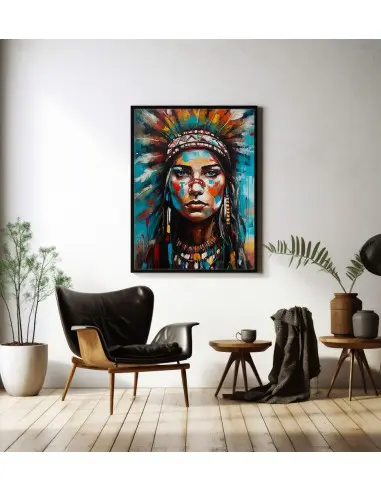 Plakat, obraz do nowoczesnego wnętrza z portretem Indianki w Pióropuszu na głowie. Wykonany w stylu akwareli
