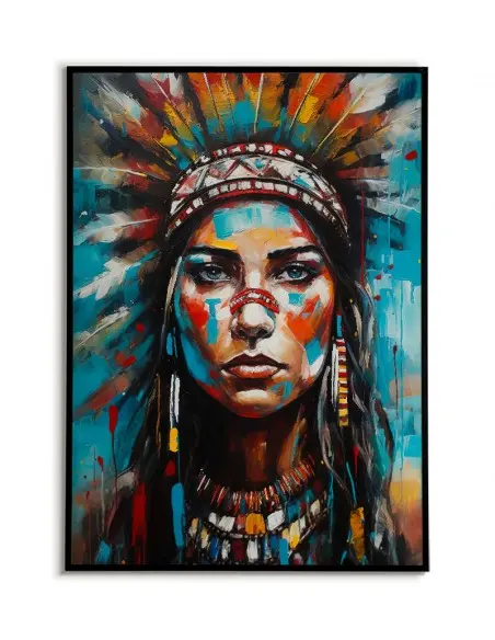 Plakat, obraz do nowoczesnego wnętrza z portretem Indianki w Pióropuszu na głowie. Wykonany w stylu akwareli