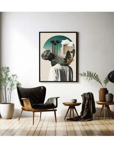 Nowoczesny plakat, kolaż z motywem kobiecym, palmami i abstrakcyjnym myśleniem. Nowoczesny plakat, kolaż z motywem kobiecym, palmami i abstrakcyjnym myśleniem.