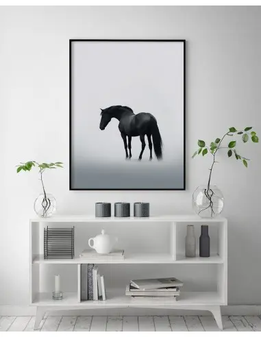 Poster for a frame, for the living room with a black horse in the fog. A beautiful painting for the living room