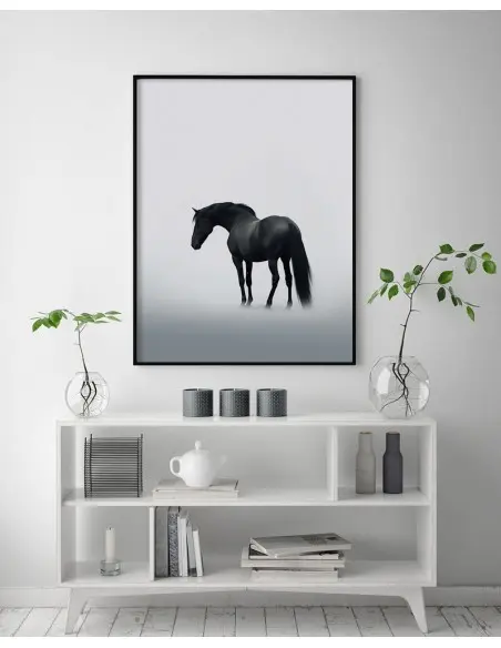 Poster for a frame, for the living room with a black horse in the fog. A beautiful painting for the living room