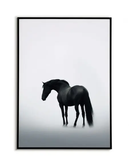 Poster for a frame, for the living room with a black horse in the fog. A beautiful painting for the living room