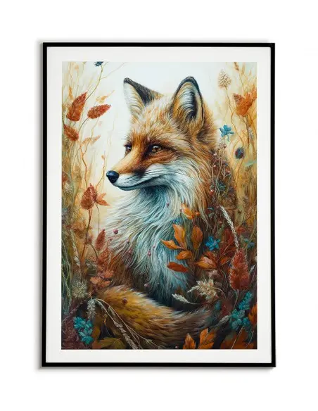 Piękny plakat z lisem ukrywającym się w jesiennej trawie. Obraz do ramki.