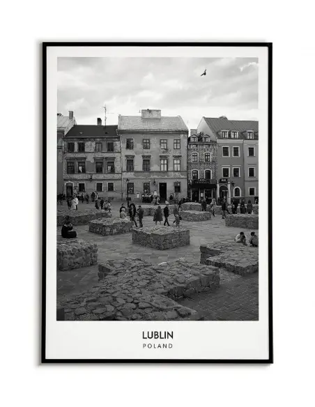 Plakat z miastem Lublin w Polsce, Grafika na ścianę obraz. czarno biała fotografia na ścianę. Plakat z Lublinem