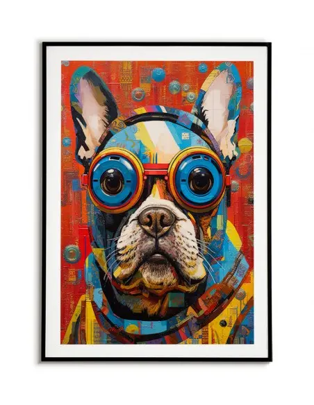 Futuristic poster with a French bulldog wearing aviator goggles. Beautiful colors and oil paint simulation