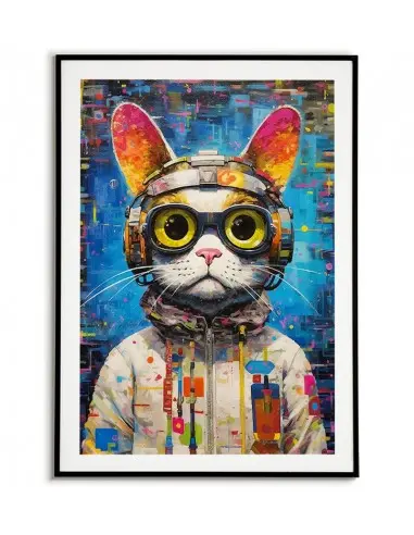 Futurystyczny plakat z kotem w okularach i bluzie z kapturem. Zabawny plakat do pokoju. Piękne kolory i symulacja farby olejnej