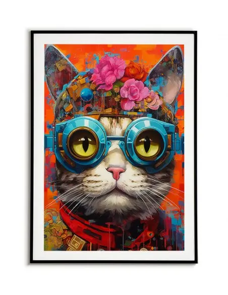 Futurystyczny plakat z kotem w okularach i kwiatkami na głowie. Zabawny plakat do pokoju. symulacja farby olejnej