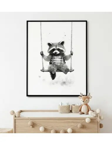 Raccoon on a Swing – Adorable Black and White Kids Room Poster Raccoon on a Swing – Adorable Black and White Kids Room Poster