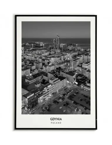 Czarno-biały plakat z lotu ptaka przedstawiający nocną panoramę Gdyni, wieżowce Sea Towers