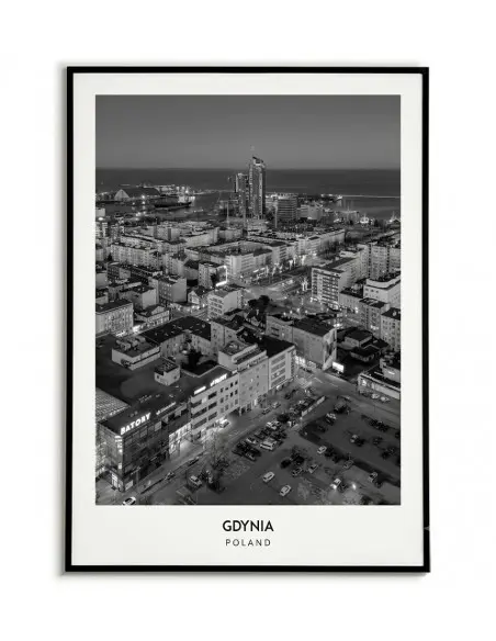 Czarno-biały plakat z lotu ptaka przedstawiający nocną panoramę Gdyni, wieżowce Sea Towers, Czarno-biały plakat z lotu ptaka przedstawiający nocną panoramę Gdyni, wieżowce Sea Towers,