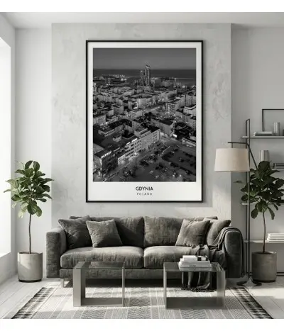 Czarno-biały plakat z lotu ptaka przedstawiający nocną panoramę Gdyni, wieżowce Sea Towers 2