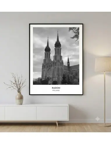 Czarno-biały plakat retro przedstawiający zabytkową katedrę w Radomiu z napisem RADOM POLAND w białym marginesie. Czarno-biały plakat retro przedstawiający zabytkową katedrę w Radomiu z napisem RADOM POLAND w białym marginesie.