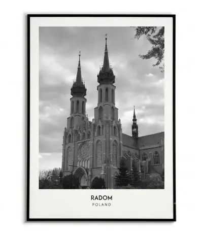Czarno-biały plakat retro przedstawiający zabytkową katedrę w Radomiu z napisem RADOM POLAND w białym marginesie.