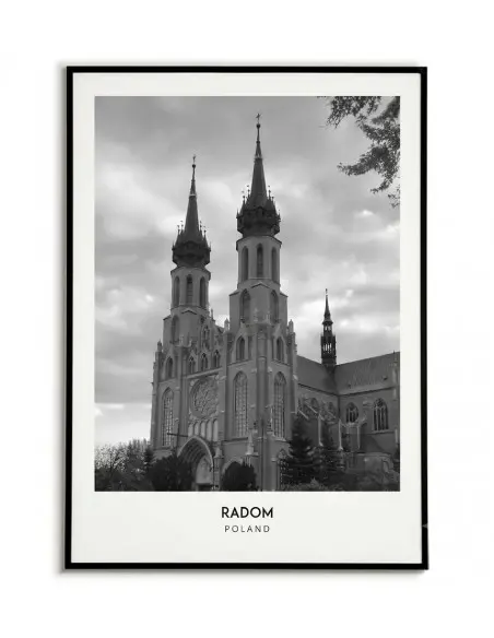 Czarno-biały plakat retro przedstawiający zabytkową katedrę w Radomiu z napisem RADOM POLAND w białym marginesie. Czarno-biały plakat retro przedstawiający zabytkową katedrę w Radomiu z napisem RADOM POLAND w białym marginesie.