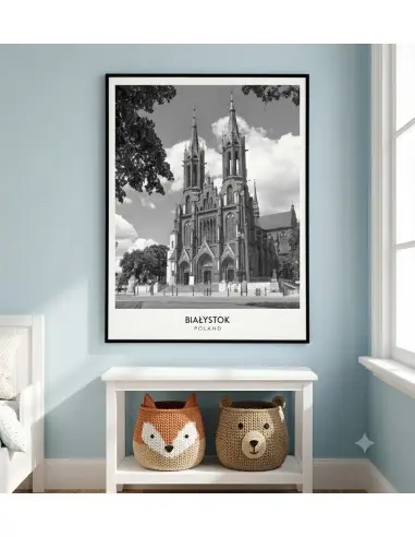 Czarno-biały plakat retro przedstawiający zabytkową katedrę w Białymstoku z napisem BIAŁYSTOK POLAND w białym marginesie. Czarno-biały plakat retro przedstawiający zabytkową katedrę w Białymstoku z napisem BIAŁYSTOK POLAND w białym marginesie.