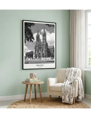 Czarno-biały plakat retro przedstawiający zabytkową katedrę w Białymstoku z napisem BIAŁYSTOK POLAND w białym marginesie. Czarno-biały plakat retro przedstawiający zabytkową katedrę w Białymstoku z napisem BIAŁYSTOK POLAND w białym marginesie.