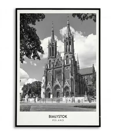 Czarno-biały plakat retro przedstawiający zabytkową katedrę w Białymstoku z napisem BIAŁYSTOK POLAND w białym marginesie.