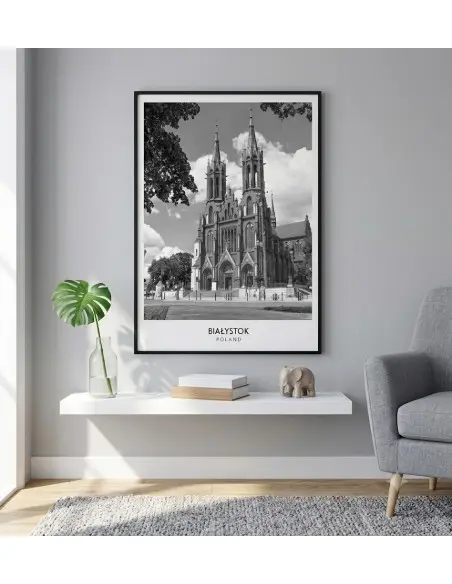 Czarno-biały plakat retro przedstawiający zabytkową katedrę w Białymstoku z napisem BIAŁYSTOK POLAND w białym marginesie. Czarno-biały plakat retro przedstawiający zabytkową katedrę w Białymstoku z napisem BIAŁYSTOK POLAND w białym marginesie.