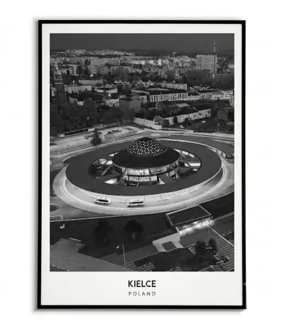 Czarno-biały plakat przedstawiający nocny widok na futurystyczny dworzec w Kielcach w Polsce, z napisami KIELCE i POLAND u dołu.