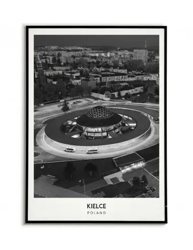 Czarno-biały plakat przedstawiający nocny widok na futurystyczny dworzec w Kielcach w Polsce, z napisami KIELCE i POLAND u dołu.