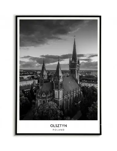 Czarno-biały plakat przedstawiający nocny widok na gotycką katedrę w Olsztynie w Polsce, z napisami OLSZTYN i POLAND u dołu. Czarno-biały plakat przedstawiający nocny widok na gotycką katedrę w Olsztynie w Polsce, z napisami OLSZTYN i POLAND u dołu.