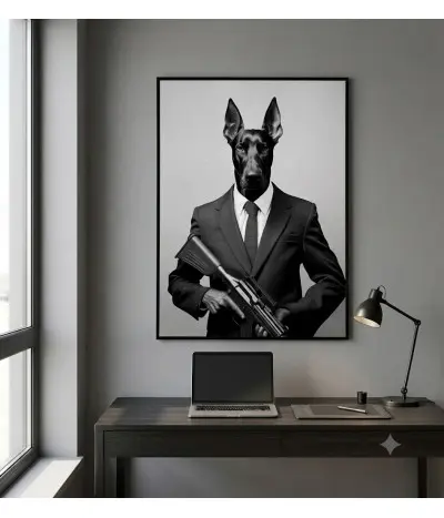 Czarno-biały graficzny portret profilu dobermana trzymającego w dłoniach karabin maszynowy 2
