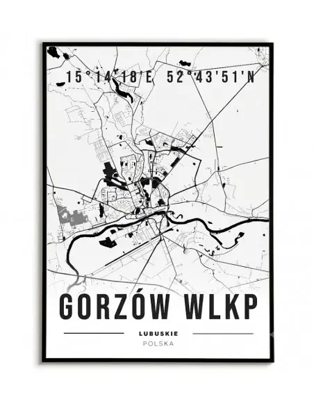 Czarno-biały plakat z mapą Gorzowa Wielkopolskiego i współrzędnymi geograficznymi do nowoczesnego salonu i biura.