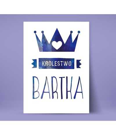 Plakat do pokoju dziecka "Królestwo imię" z koroną w dwóch wersjach kolorystycznych.