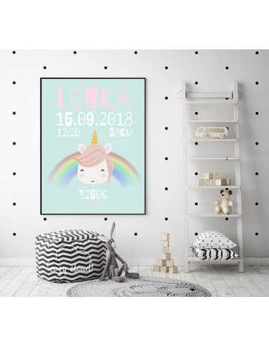 metryczka dla dziecka - różowa z jednorożcem i tęczą obrazek do ramki personalizowany metryczka dla dziecka - różowa z jednorożcem i tęczą obrazek do ramki personalizowany