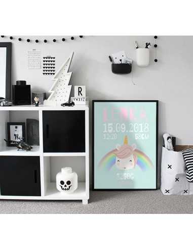 metryczka dla dziecka - różowa z jednorożcem i tęczą obrazek do ramki personalizowany metryczka dla dziecka - różowa z jednorożcem i tęczą obrazek do ramki personalizowany