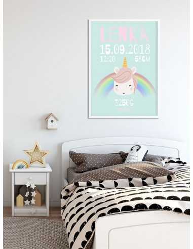 metryczka dla dziecka - różowa z jednorożcem i tęczą obrazek do ramki personalizowany metryczka dla dziecka - różowa z jednorożcem i tęczą obrazek do ramki personalizowany