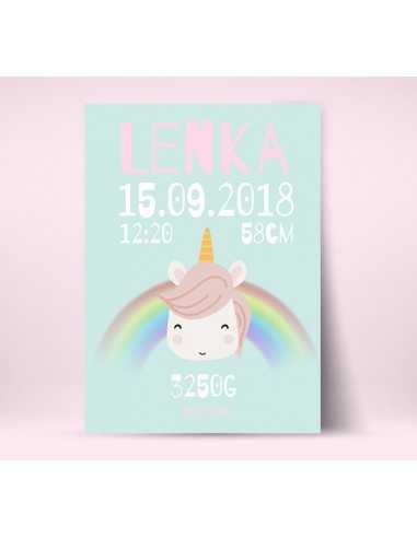 metryczka dla dziecka - różowa z jednorożcem i tęczą obrazek do ramki personalizowany metryczka dla dziecka - różowa z jednorożcem i tęczą obrazek do ramki personalizowany