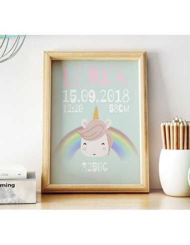 metryczka dla dziecka - różowa z jednorożcem i tęczą obrazek do ramki personalizowany metryczka dla dziecka - różowa z jednorożcem i tęczą obrazek do ramki personalizowany