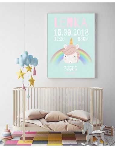 metryczka dla dziecka - różowa z jednorożcem i tęczą obrazek do ramki personalizowany metryczka dla dziecka - różowa z jednorożcem i tęczą obrazek do ramki personalizowany