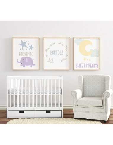 Słodki zestaw trzech obrazków, plakatów dla dzieci do ich pokoju z słoniem i księżycem. Nowoczesny skandynawski zestaw plakatów