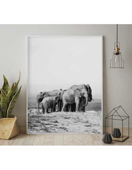 rodzina słoni, plakat skandynawski ze słoniem czarno biały
