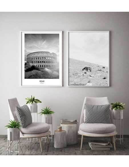 Scandinavian black-and-white poster with a wild horse grazing in the mountains Scandinavian black-and-white poster with a wild horse grazing in the mountains